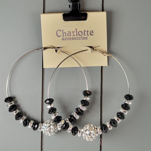 Large Black Beaded Hoop Earrings 3" Silver Tone Rhinestone Accent Pierced Trendy - Picture 2 of 8